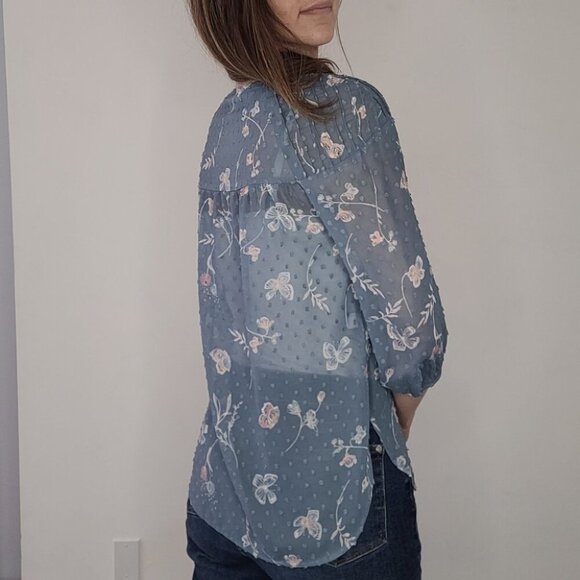 Lauren Conrad Blue Floral Swiss Dot 3/4 Sleeve Blouse Size XS - Picture 6 of 10